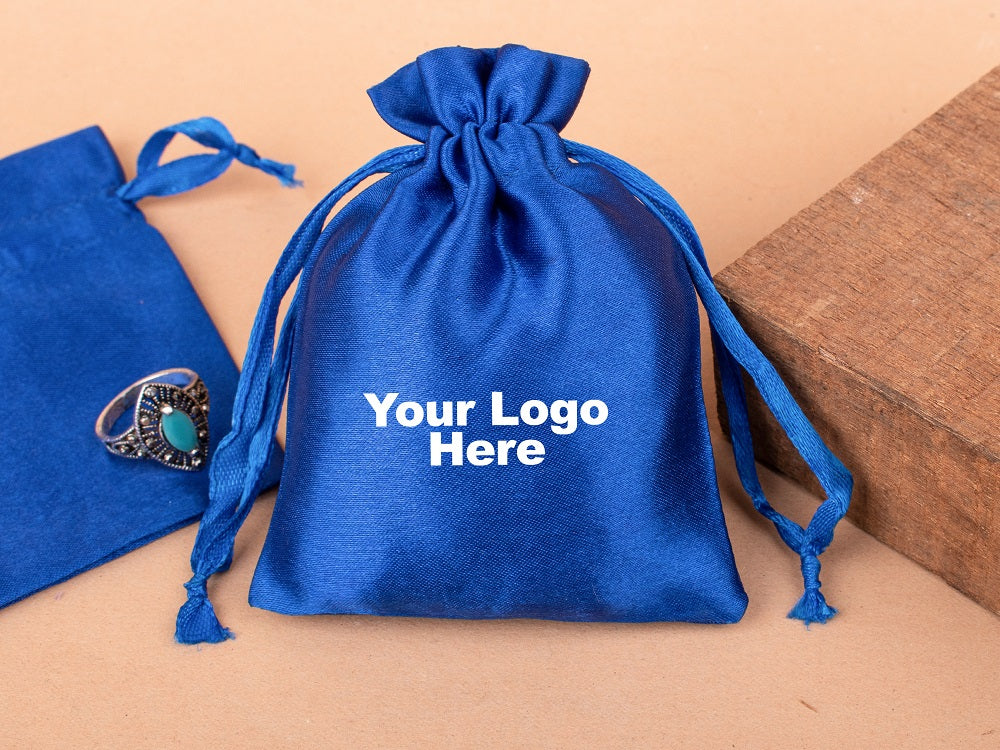 Personalized Blue Satin Drawstring Pouches & Bags For Jewelry Packaging With Custom Logo, Gift Packaging Bags