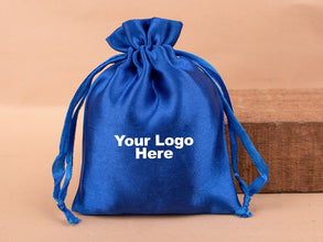 Personalized Blue Satin Drawstring Pouches & Bags For Jewelry Packaging With Custom Logo, Gift Packaging Bags