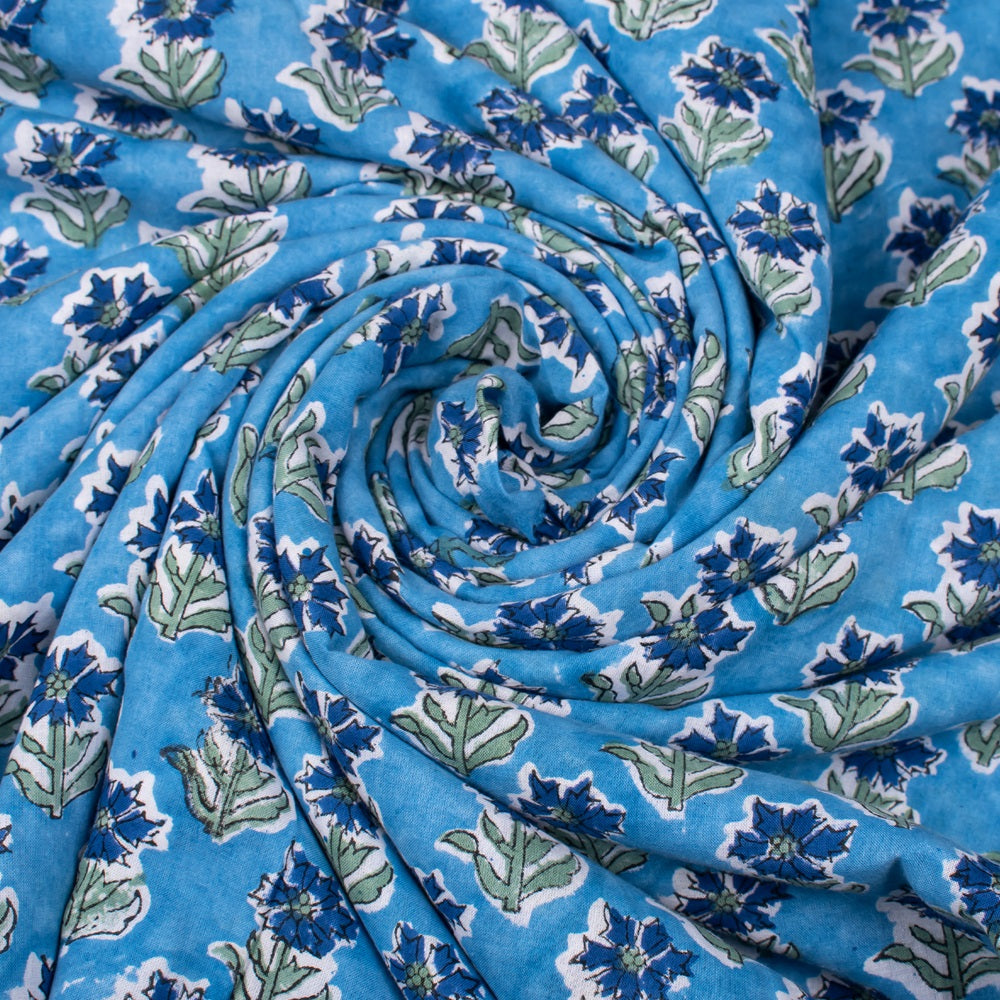 Handmade Block Printed Cotton Multi Floral Azure Blue Fabric