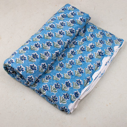 Handmade Block Printed Cotton Multi Floral Azure Blue Fabric