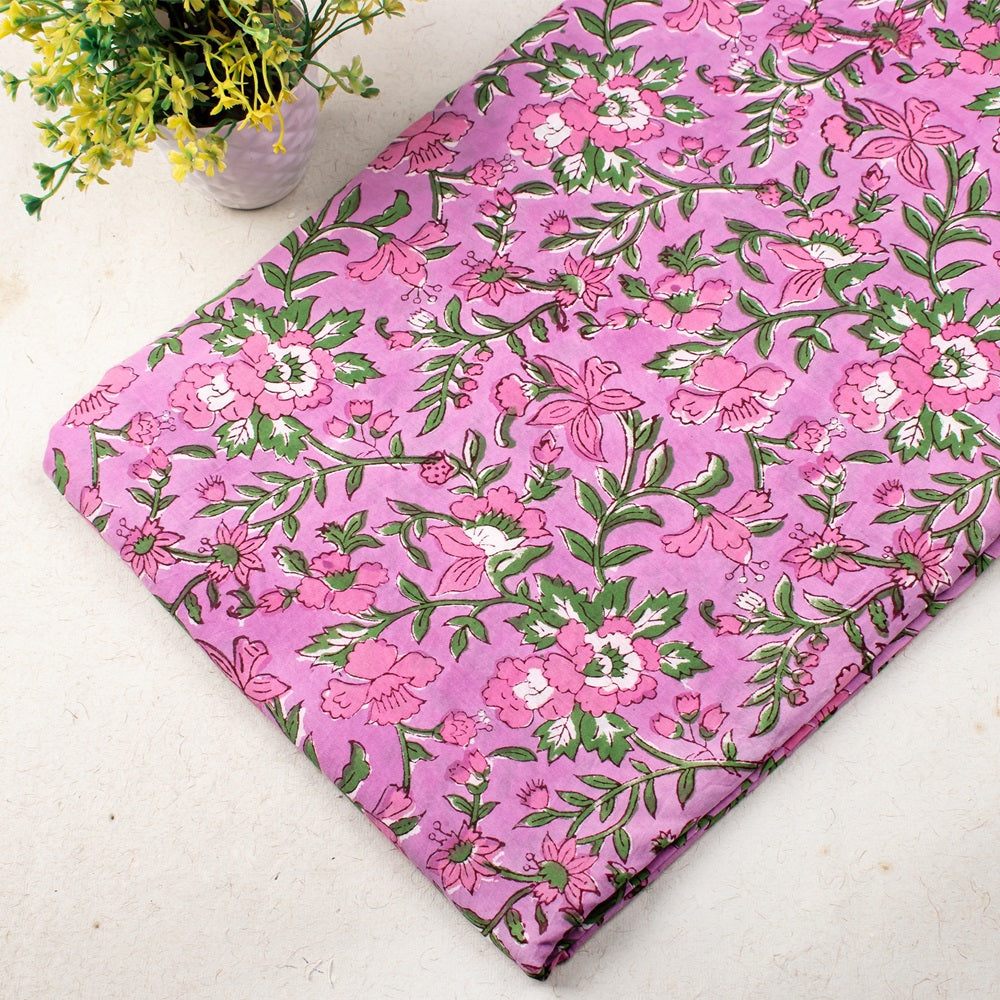 Hand Block Printed Cotton Multi Floral Light Pink Fabric