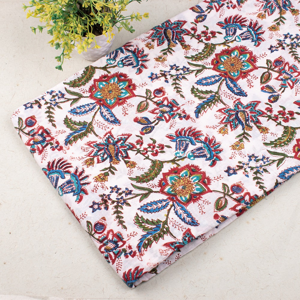 Multi Floral White Hand Block Printed Cotton Fabric