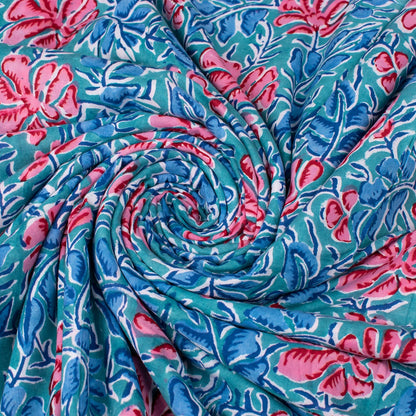 Multi Floral Blue Hand Block Printed Cotton Fabric