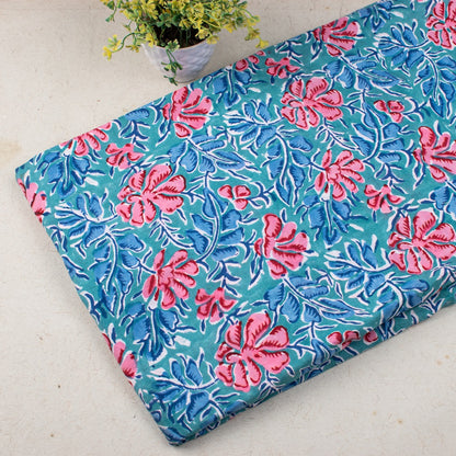 Multi Floral Blue Hand Block Printed Cotton Fabric