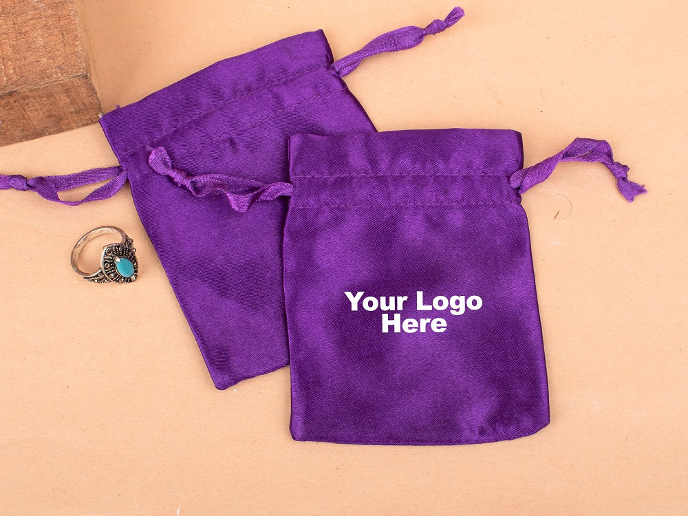 Personalized Drawstring Violet Satin Pouches for Jewelry Packaging with Custom Logo Printed