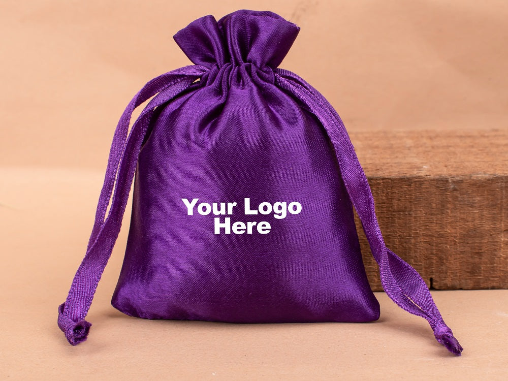 Personalized Drawstring Violet Satin Pouches for Jewelry Packaging with Custom Logo Printed