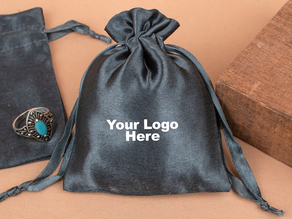 Custom Black Satin Pouches & Bags For Jewelry Packaging With Custom Logo, Gift Packaging Bags