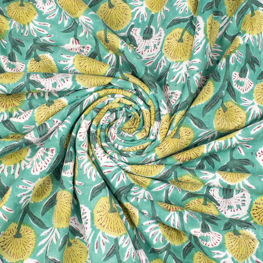 Multi Floral Green Hand Block Printed Cotton Fabric Dress Material