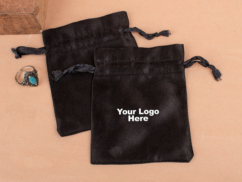 Personalized Black Satin Drawstring Pouches & Bags For Jewelry Packaging With Custom Logo