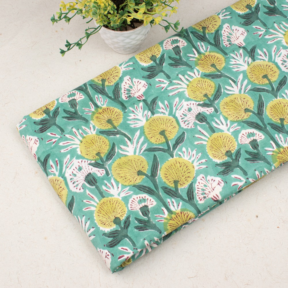 Multi Floral Green Hand Block Printed Cotton Fabric Dress Material