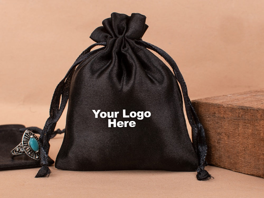 Personalized Black Satin Drawstring Pouches & Bags For Jewelry Packaging With Custom Logo