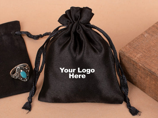 Personalized Black Satin Drawstring Pouches & Bags For Jewelry Packaging With Custom Logo