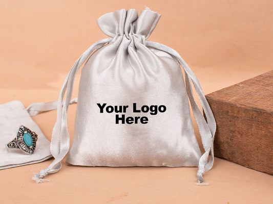 Custom Drawstring Satin Pouches for Jewelry Packaging with Custom Logo Printed