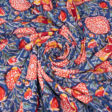 Multi Floral Blue Hand Block Printed Cotton Fabric Dress Material