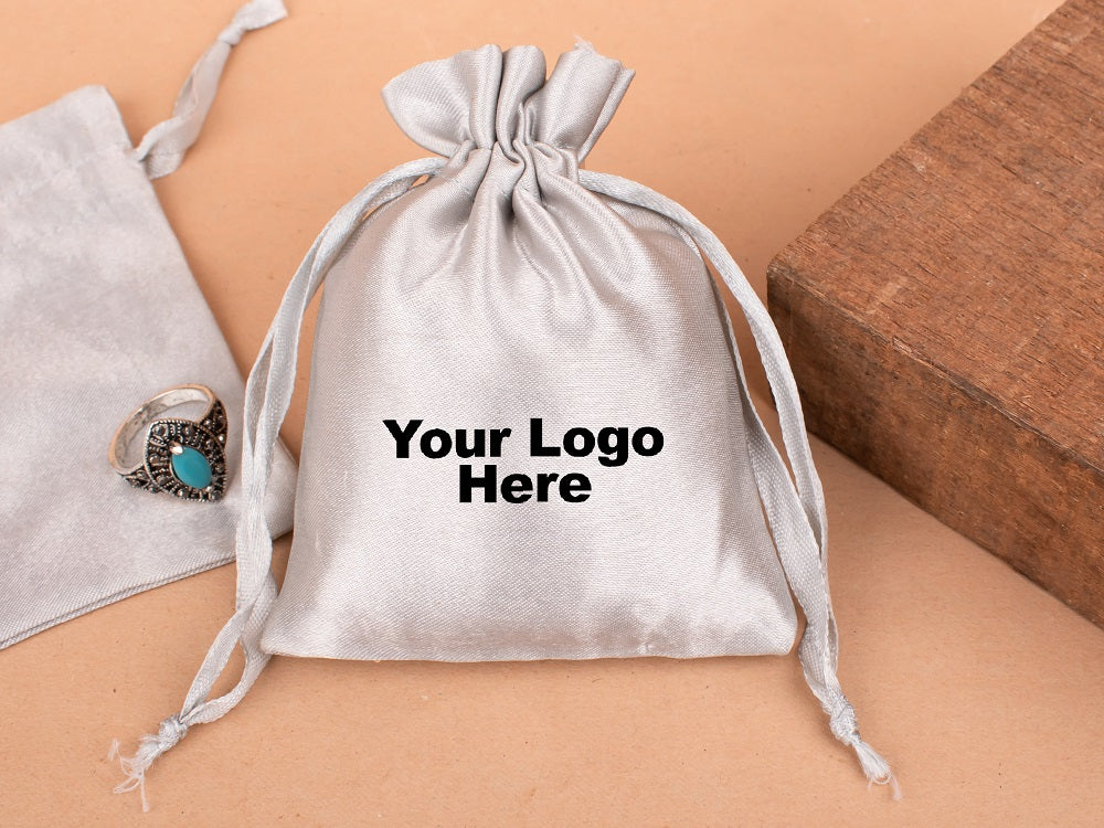 Custom Drawstring Satin Pouches for Jewelry Packaging with Custom Logo Printed