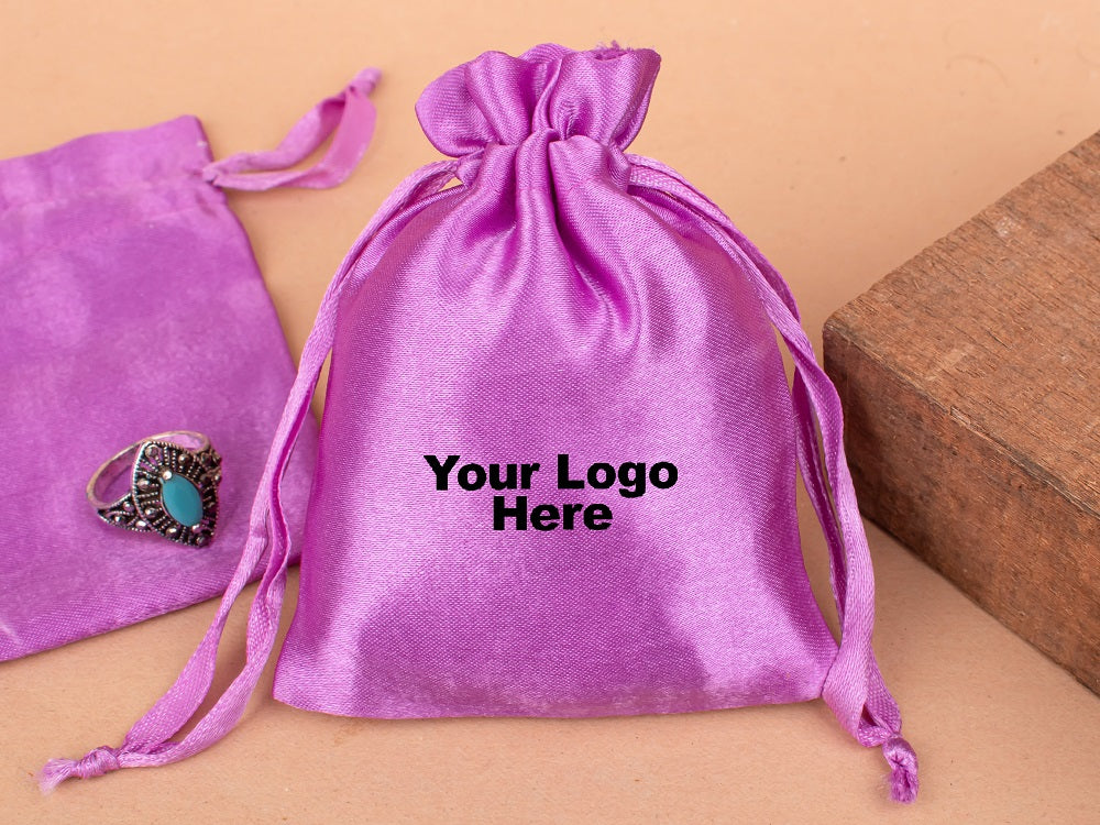 Personalized Light Pink Satin Drawstring Pouches & Bags With Custom Logo, Gift Packaging Bags