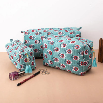 Block Printed Large Toiletry Bag, Waterproof Wash Bag, Makeup Bag, Cosmetic Bag, Travel Bag With Pockets, Jumbo Wash Bag - Set of 3