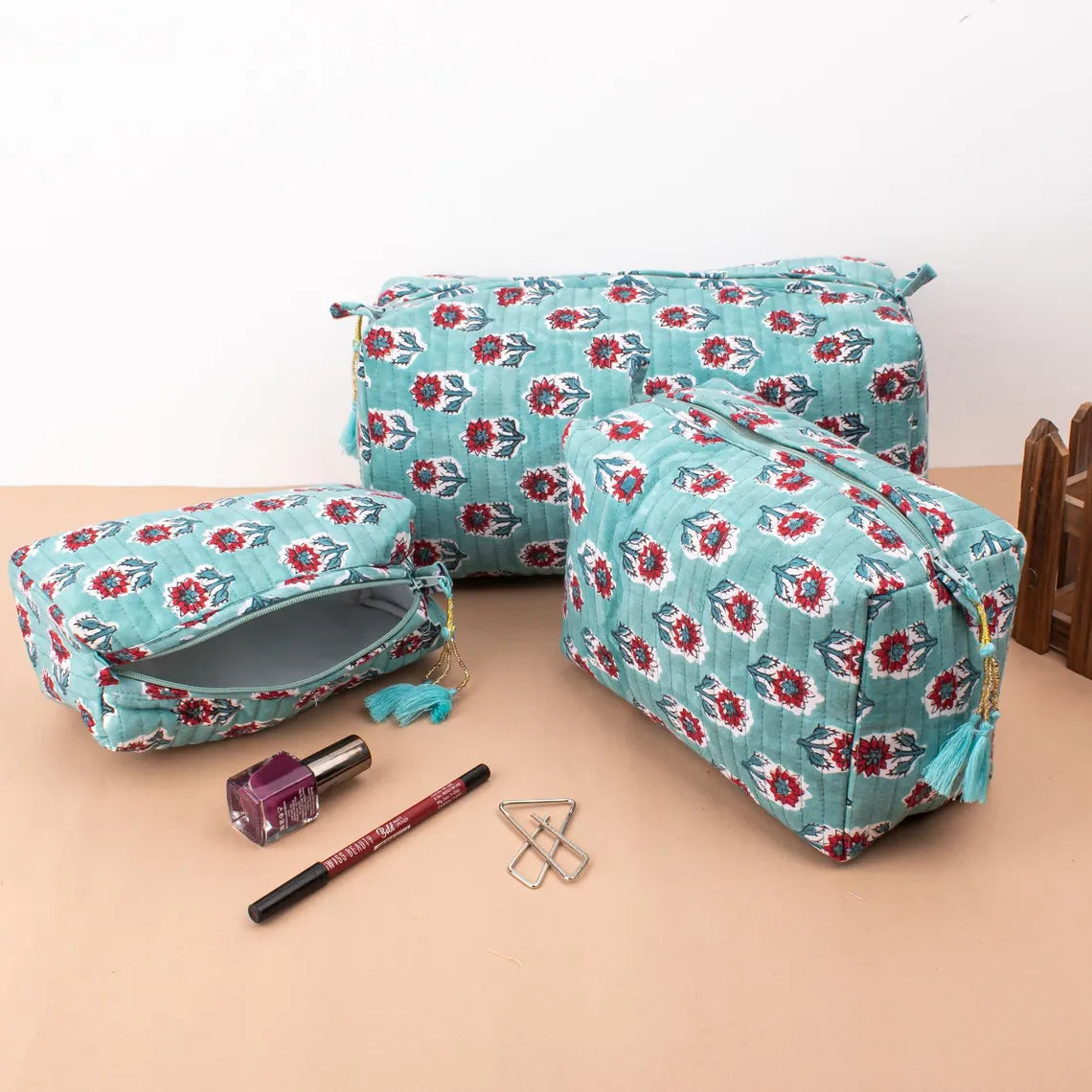 Block Printed Large Toiletry Bag, Waterproof Wash Bag, Makeup Bag, Cosmetic Bag, Travel Bag With Pockets, Jumbo Wash Bag - Set of 3