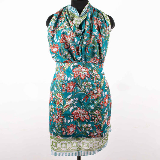 Artisan Crafted Teal Floral Sarong with Red Accents, A Wearable Art Piece