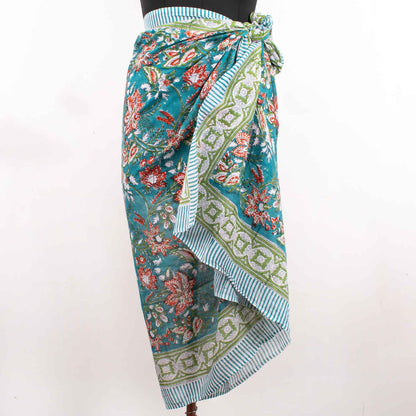 Artisan Crafted Teal Floral Sarong with Red Accents, A Wearable Art Piece