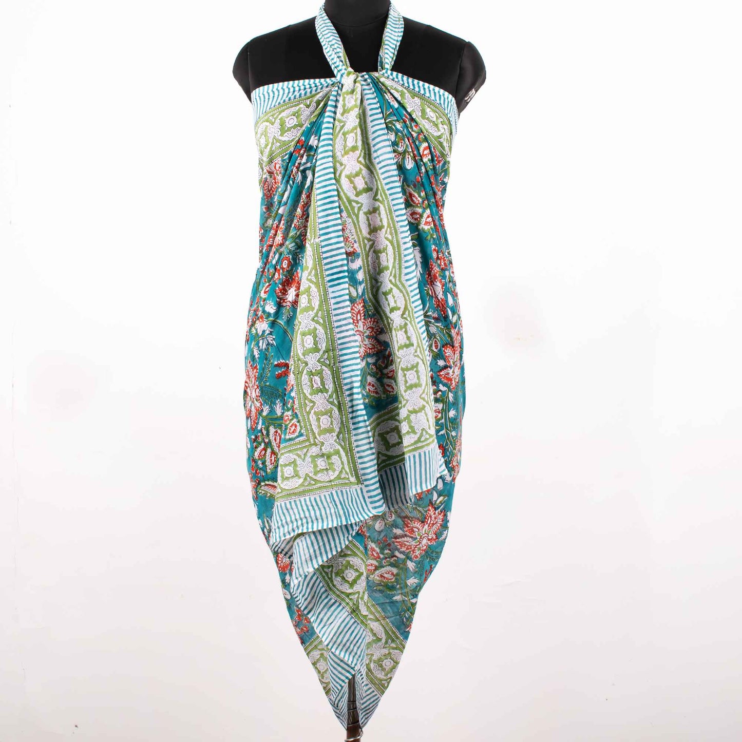 Artisan Crafted Teal Floral Sarong with Red Accents, A Wearable Art Piece