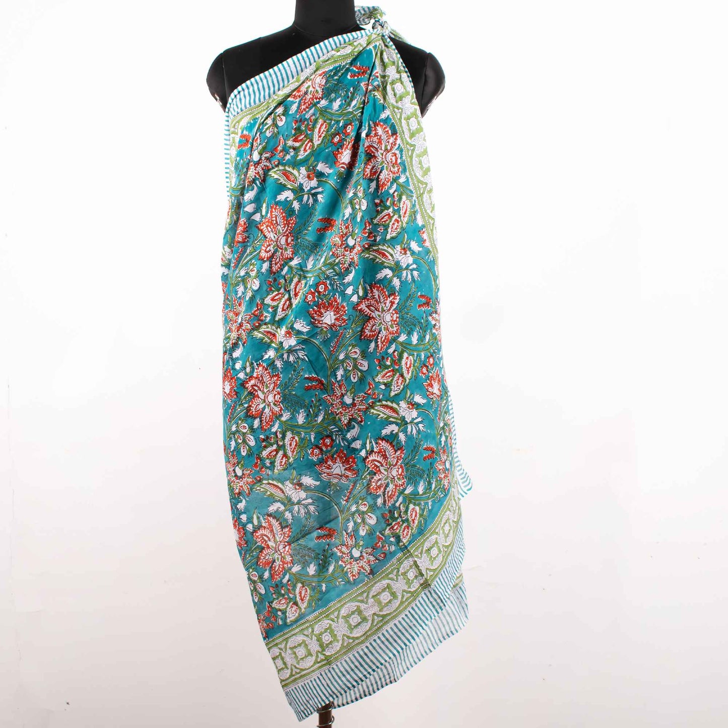 Artisan Crafted Teal Floral Sarong with Red Accents, A Wearable Art Piece