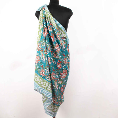 Artisan Crafted Teal Floral Sarong with Red Accents, A Wearable Art Piece