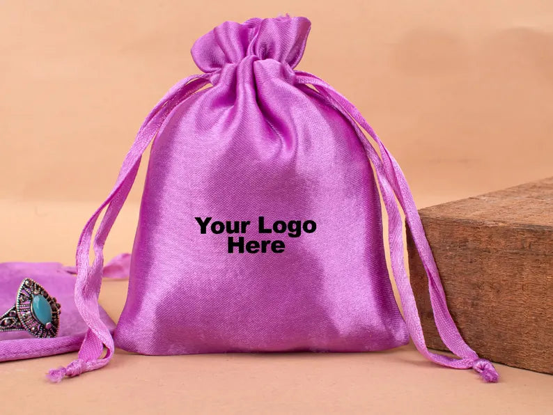 Satin Drawstring Pouch Personalized Bags, Custom Packaging Bag, Small Bags With Logo Printing, Wedding Gift Packaging - (Pack of 100pcs)