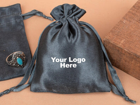 Satin Fabric Custom Drawstring Pouch With Logo, Small Personalized Bag, Wedding Favor Bags For Gift Packaging - (Pack of 100pcs)