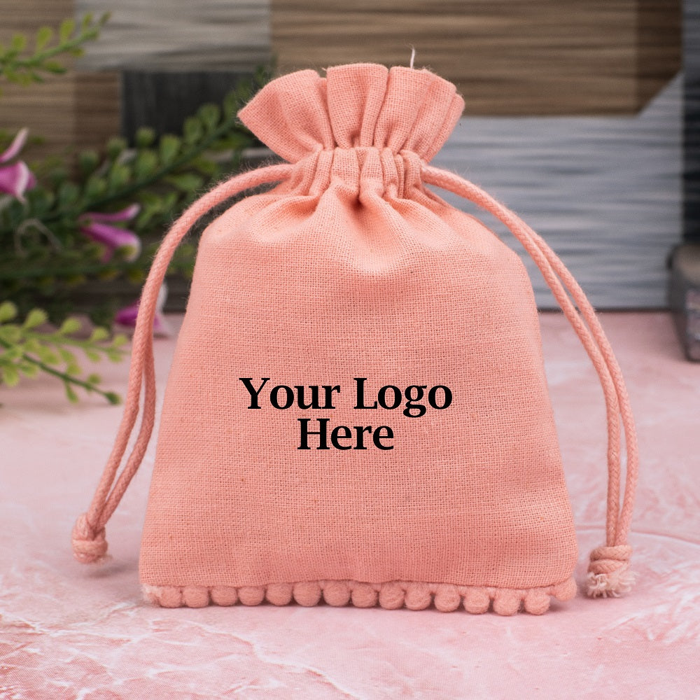 Ruddy Pink Designer Cotton Drawstring Jewelry Pouch With Brand Logo