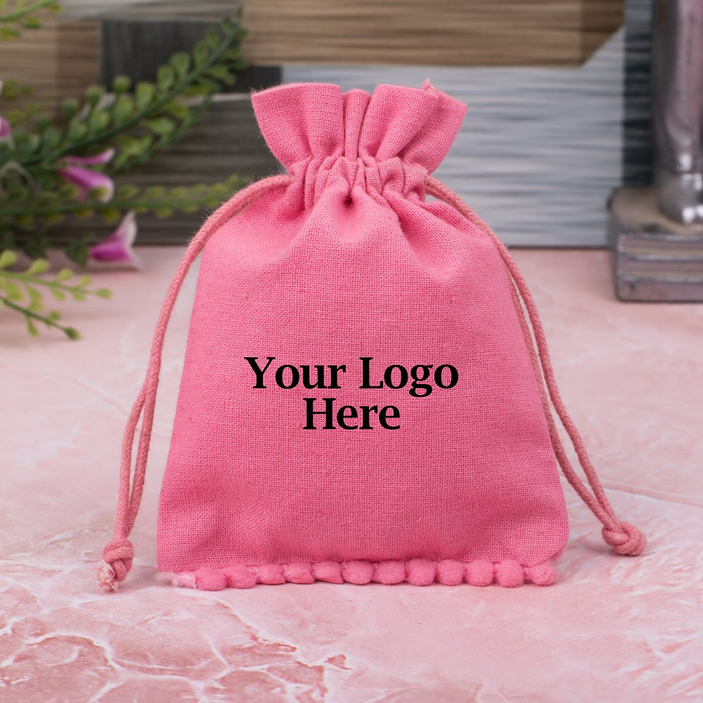 Light Pink Designer Cotton Drawstring Jewelry Pouch for Packaging With Brand Logo