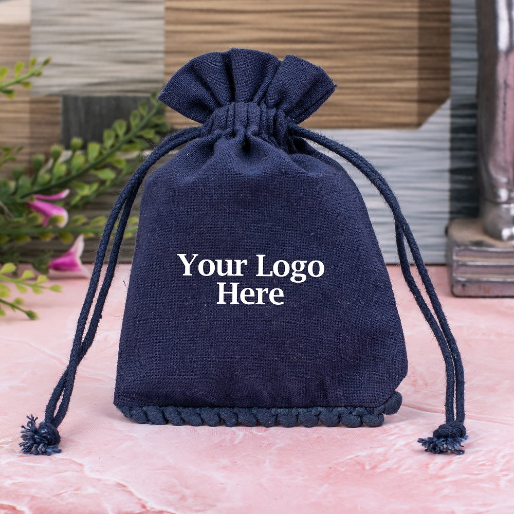 Blue Designer Cotton Drawstring Jewelry Pouch for Packaging With Brand Logo Print