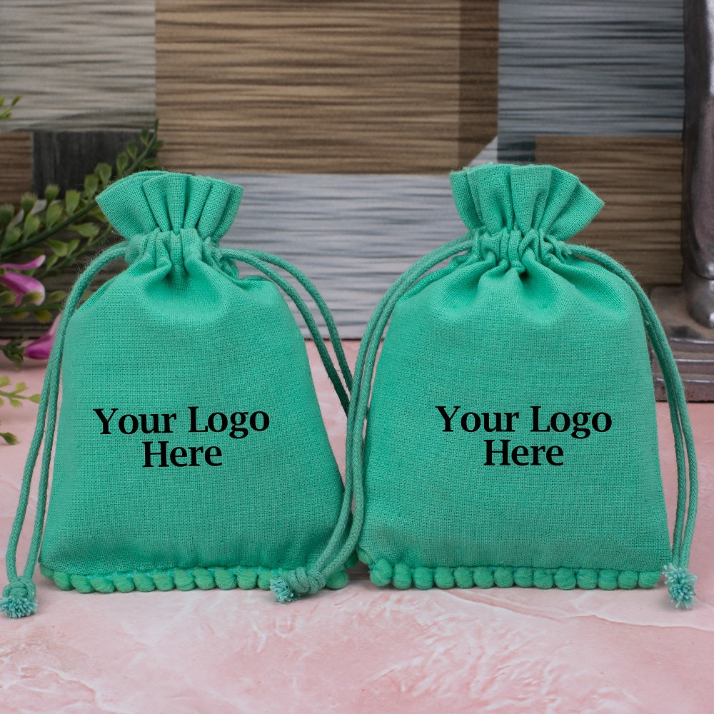 Green Designer Cotton Drawstring Jewelry Pouch for Packaging With Brand Logo Print