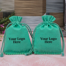 Green Designer Cotton Drawstring Jewelry Pouch for Packaging With Brand Logo Print