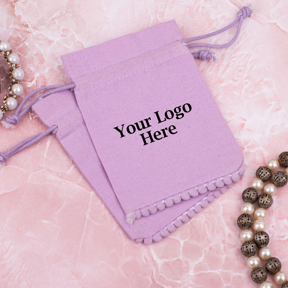 Pastel Violet Designer Cotton Drawstring Jewelry Pouch for Packaging With Brand Logo