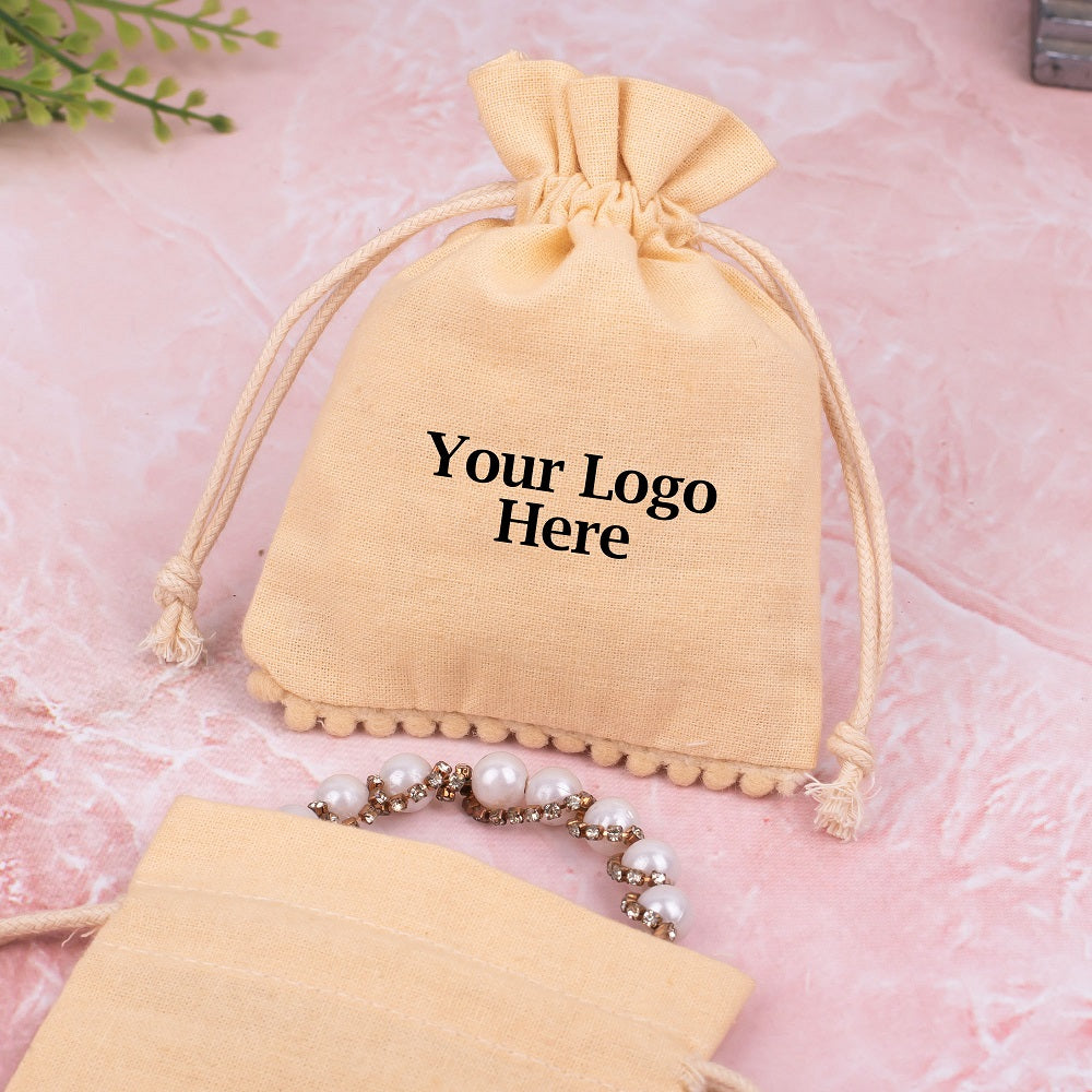 Light Ivory Designer Cotton Drawstring Jewelry Pouch for Packaging With Brand Logo Print