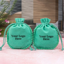 Green Designer Cotton Drawstring Jewelry Packaging Pouch, Wedding Favor Bags With Brand Logo Print