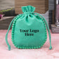 Green Designer Cotton Drawstring Jewelry Packaging Pouch, Wedding Favor Bags With Brand Logo Print