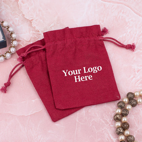 Ruby Red Cotton Drawstring Jewelry Packaging Pouch With Brand Logo