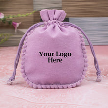 Light Pink Designer Cotton Drawstring Jewelry Packaging Pouch, Wedding Favor Bags With Brand Logo