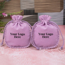 Light Pink Designer Cotton Drawstring Jewelry Packaging Pouch, Wedding Favor Bags With Brand Logo