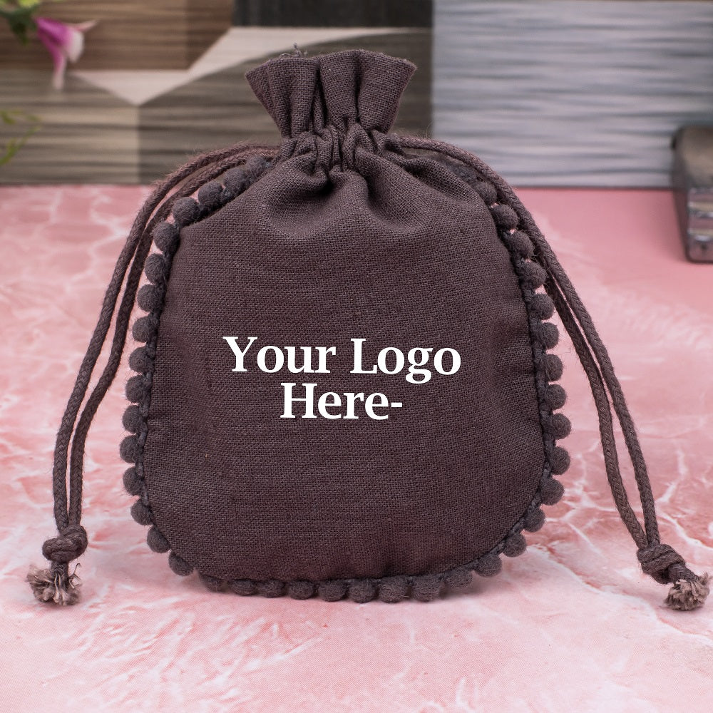 Grey Brown Designer Cotton Drawstring Jewelry Pouch for Packaging With Brand Logo Print