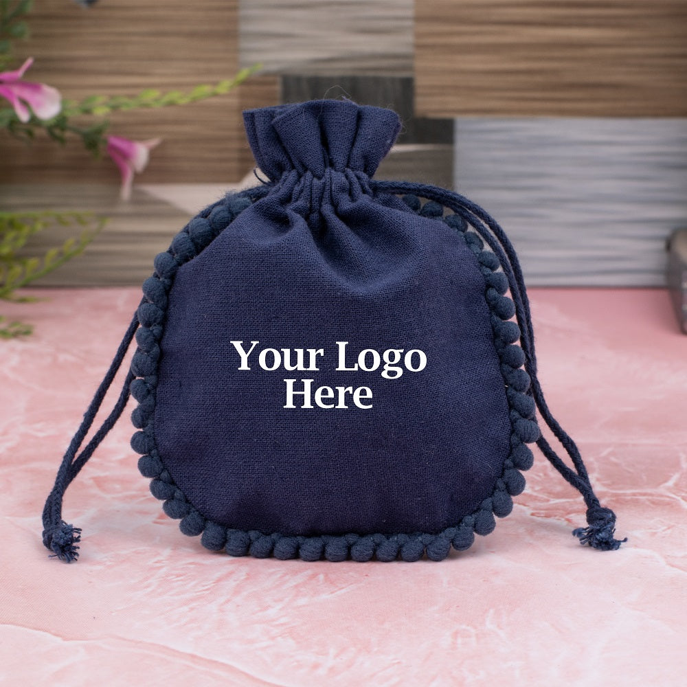 Dark Blue Cotton Designer Jewelry Pouches For Packaging With Brand Logo Print