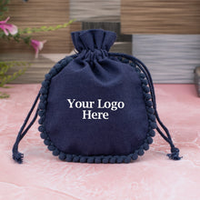 Dark Blue Cotton Designer Jewelry Pouches For Packaging With Brand Logo Print