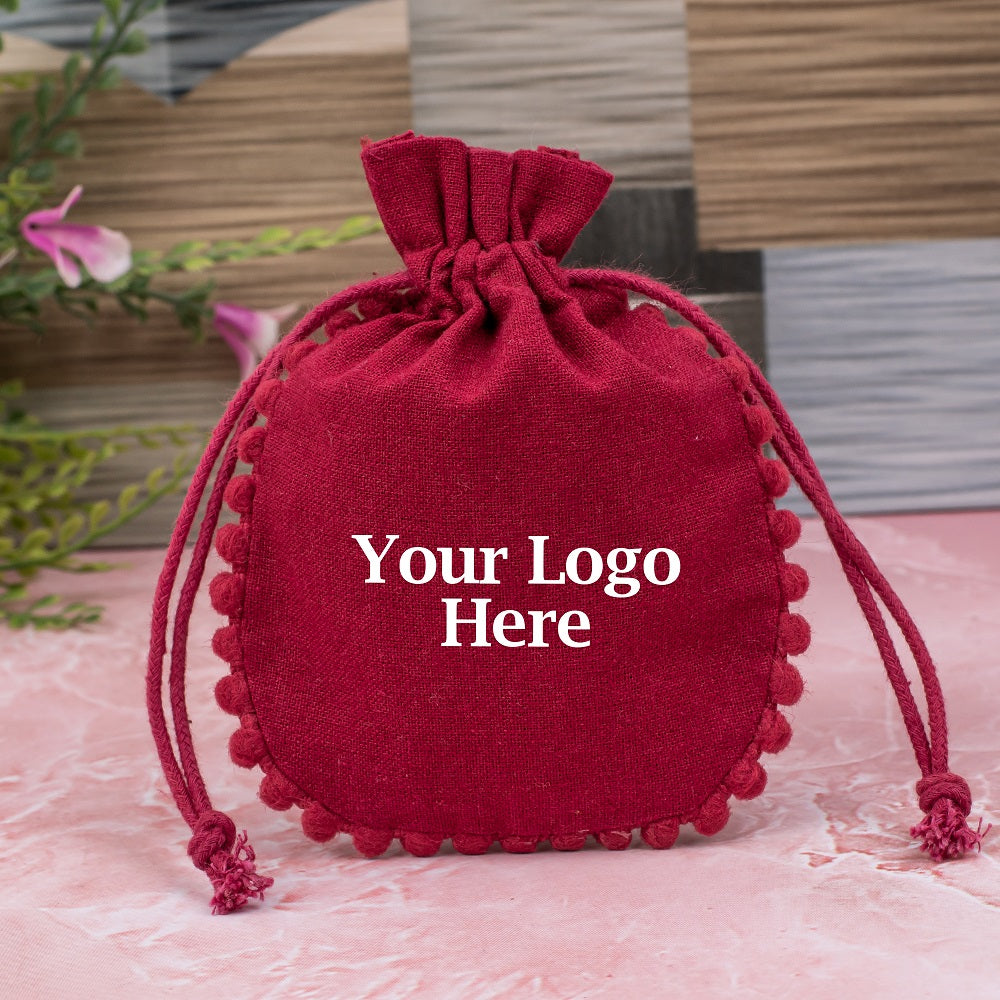 Red Designer Cotton Drawstring Jewelry Packaging Pouch, Wedding Favor Bags With Brand Logo Print