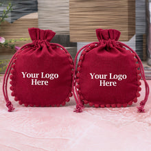 Red Designer Cotton Drawstring Jewelry Packaging Pouch, Wedding Favor Bags With Brand Logo Print