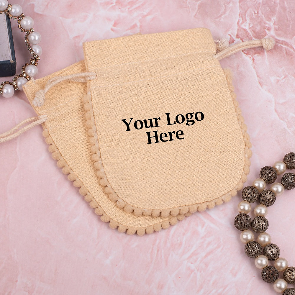 Ivory Designer Cotton Drawstring Jewelry Packaging Pouch, Wedding Favor Bags With Brand Logo Print