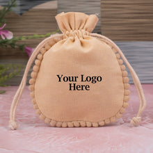 Ivory Designer Cotton Drawstring Jewelry Packaging Pouch, Wedding Favor Bags With Brand Logo Print