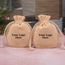 Ivory Designer Cotton Drawstring Jewelry Packaging Pouch, Wedding Favor Bags With Brand Logo Print