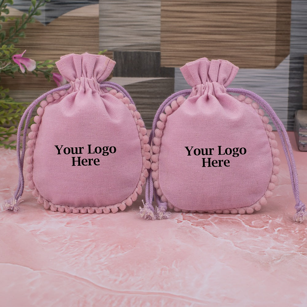 Light Pink Designer Cotton Pouches & Bags For Packaging, Wedding Favor Bags With Brand Logo